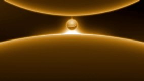 A dark, surreal animation loop of two large orange planets close together, featuring a rotating two-colored sphere suspended in a glowing energy field between their gravity wells - Powered by Shutterstock - Get 15% off with code: PIKWIZARD15