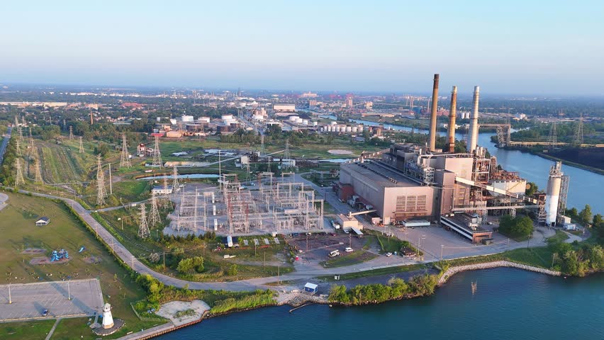 Wide Aerial View of DTE River Rouge Power Plant and Transmission Infrastructure