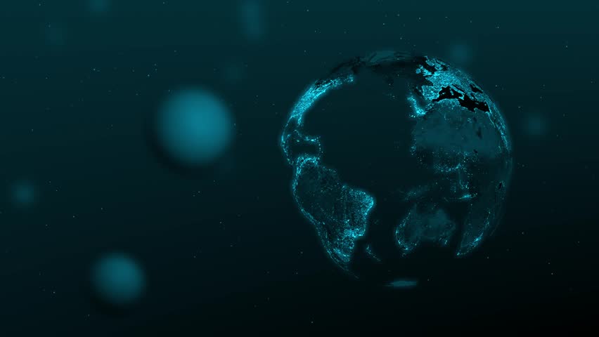 An animation of a partially opaque Earth in a night setting, slowly rotating over a moving abstract teal background with particles and bokeh elements