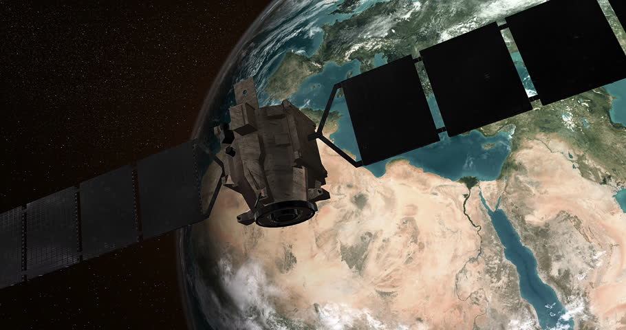 Satellite orbit view above planet earth with sunlight. Technology and space related 3d animation.