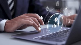 Investing for financial growth concept. Increase in income and wages, financial growth, improvement of economy, profitability of investment portfolio. Businessman use laptop with virtual icon. - Powered by Shutterstock - Get 15% off with code: PIKWIZARD15