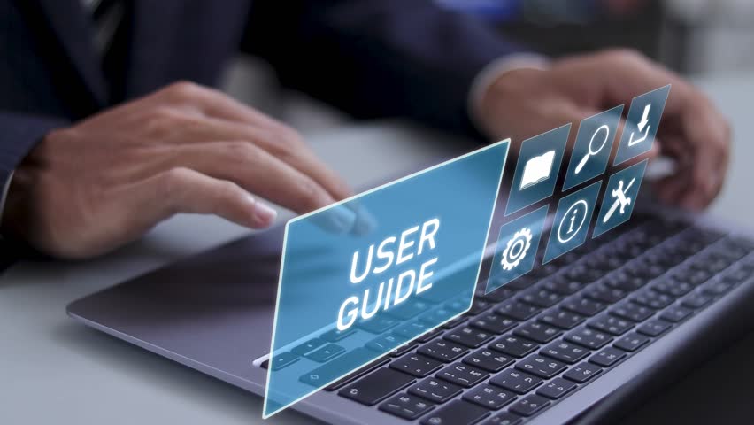 User manual guide concept, Providing detailed advice, Online instruction manual and strategy advice. Businessman using laptop with virtual user guide icon for business service. - Powered by Shutterstock - Get 15% off with code: PIKWIZARD15