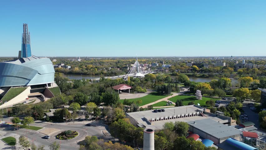 Winnipeg The Forks, Union Station, Fort Garry hotel in fall morning drone aerial
