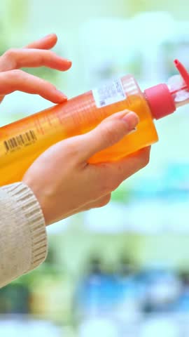 VERTICAL VIDEO: Woman holding a bottle of shampoo or body wash in a beauty store, reading the label, examining ingredients. Close-up of female hands. Concept of conscious choice, haircare, skincare.