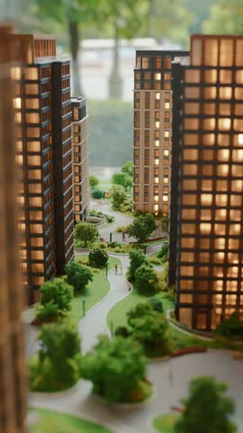 Architectural model of residential highrise buildings with courtyard and greenery