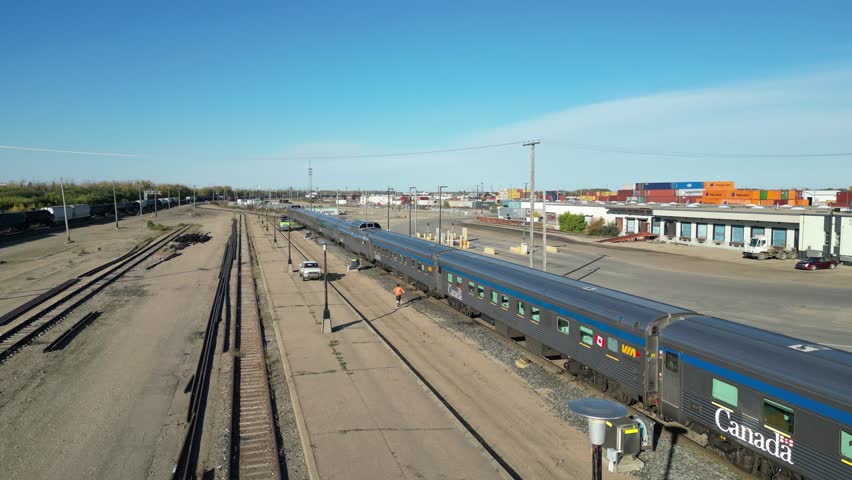 VIA Rail The Canadian in Saskatoon, Saskatchewan at VIA Rail station drone aerial