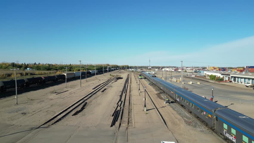 VIA Rail The Canadian in Saskatoon, Saskatchewan at VIA Rail station drone aerial