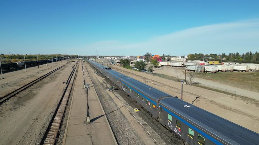 VIA Rail The Canadian in Saskatoon, Saskatchewan at VIA Rail station drone aerial