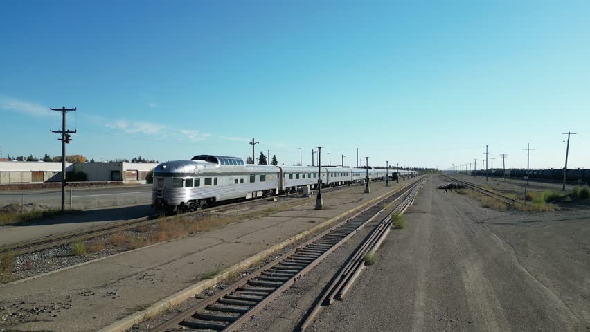 VIA Rail The Canadian in Saskatoon, Saskatchewan at VIA Rail station drone aerial
