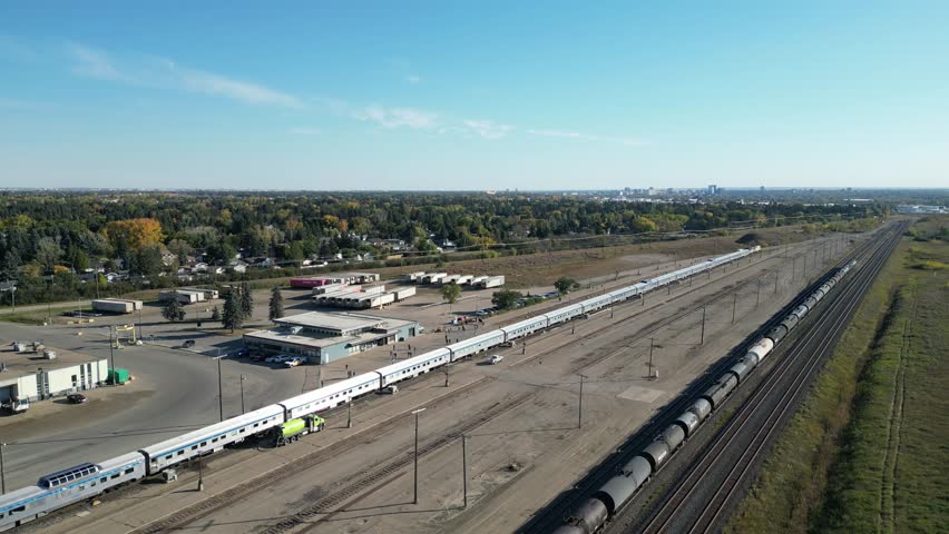 VIA Rail The Canadian in Saskatoon, Saskatchewan at VIA Rail station drone aerial