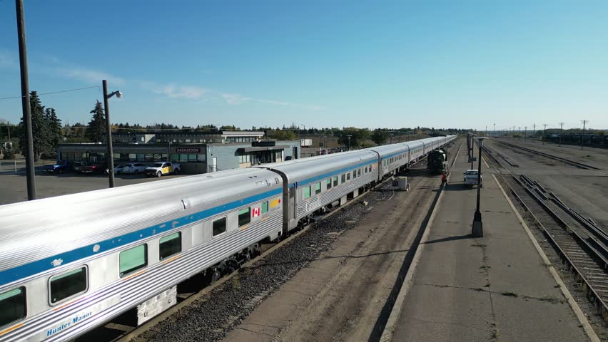 VIA Rail The Canadian in Saskatoon, Saskatchewan at VIA Rail station drone aerial
