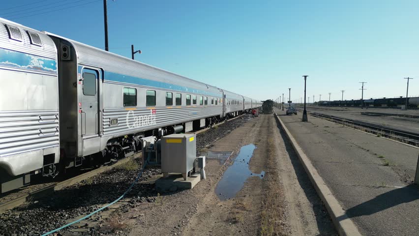 VIA Rail The Canadian in Saskatoon, Saskatchewan at VIA Rail station drone aerial