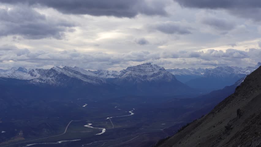 Town of Jasper in Canadian Rockies from Skytram. Pyramid Mountain, Pyramid Lake, Mount Robson, Miette Mountain Ranges, Jasper Park Lodge and VIA Rail Jasper train