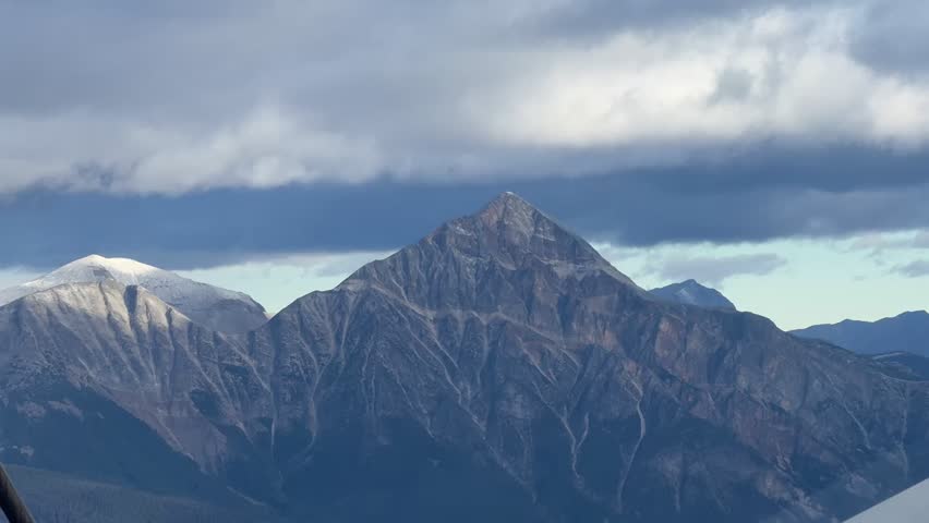 Town of Jasper in Canadian Rockies from Skytram. Pyramid Mountain, Pyramid Lake, Mount Robson, Miette Mountain Ranges, Jasper Park Lodge and VIA Rail Jasper train