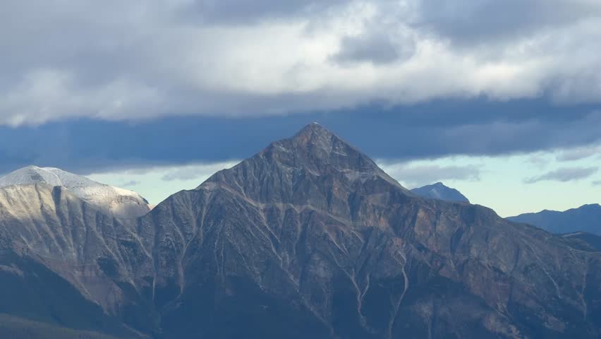 Town of Jasper in Canadian Rockies from Skytram. Pyramid Mountain, Pyramid Lake, Mount Robson, Miette Mountain Ranges, Jasper Park Lodge and VIA Rail Jasper train
