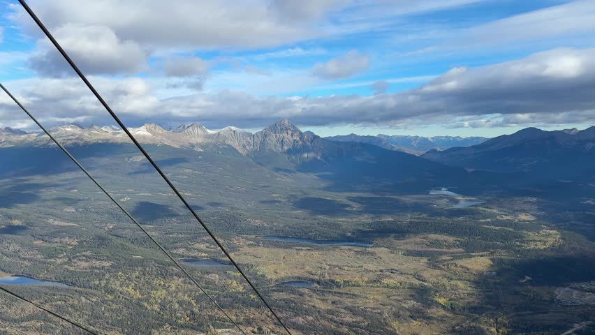 Town of Jasper in Canadian Rockies from Skytram. Pyramid Mountain, Pyramid Lake, Mount Robson, Miette Mountain Ranges, Jasper Park Lodge and VIA Rail Jasper train