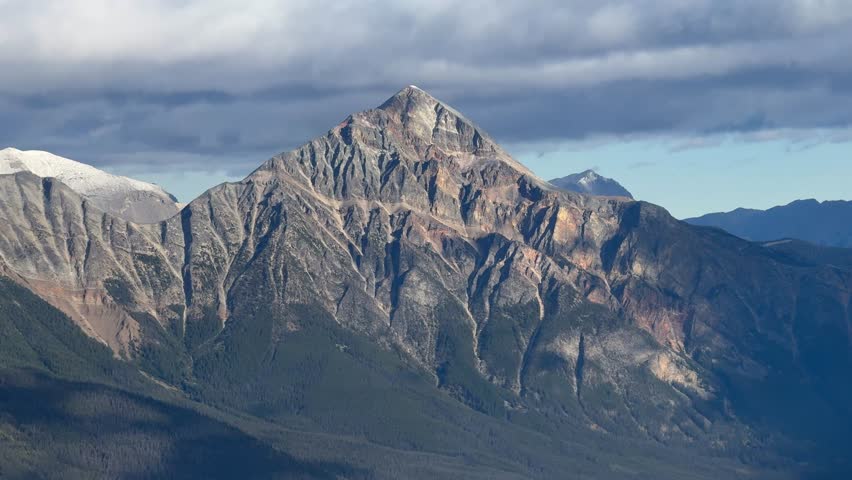 Town of Jasper in Canadian Rockies from Skytram. Pyramid Mountain, Pyramid Lake, Mount Robson, Miette Mountain Ranges, Jasper Park Lodge and VIA Rail Jasper train