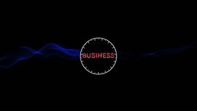 Neon blue business icons arranged around a central clock face with the word BUSINES in red and white - Powered by Shutterstock - Get 15% off with code: PIKWIZARD15