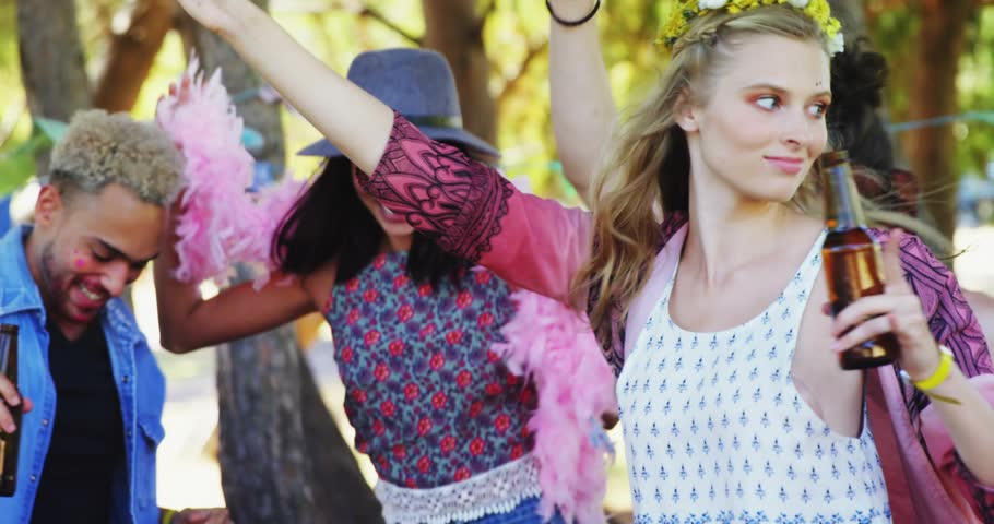 Upbeat music playing inspiring friends dancing yard with animated beer bottles for event marketing. Celebration, outdoor, camaraderie, vibrant, leisure, festival, happiness