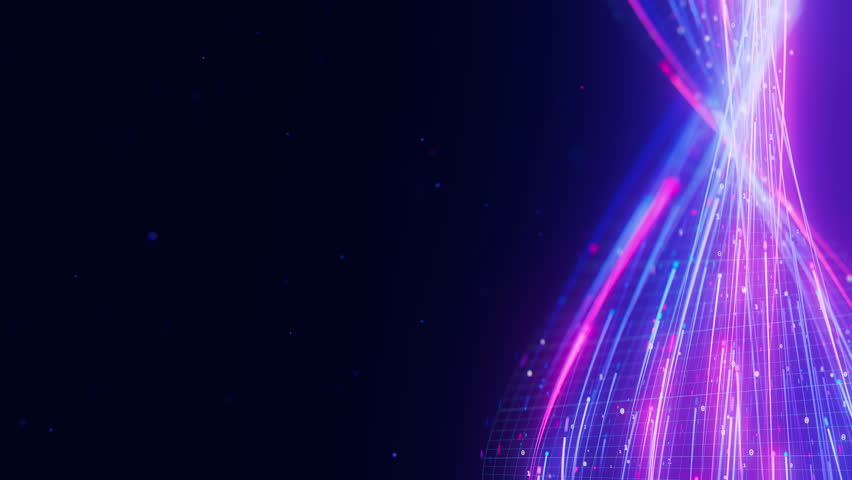 Closeup of Big data light speed warped flow. Abstract digital data stream of quantum computing. Cyberspace of qubit trail waves. Modern tech information transmission.