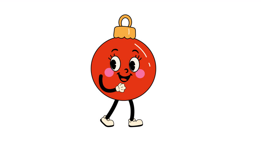 Funny Red Holiday Ornament with Face and Boots. Walking Loop Animation. Alpha channel transparency	