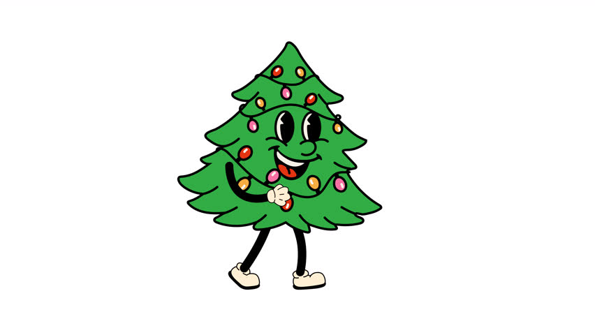 Cartoon Christmas Tree Character with Lights and Boots. Walking Loop Animation. Alpha channel transparency