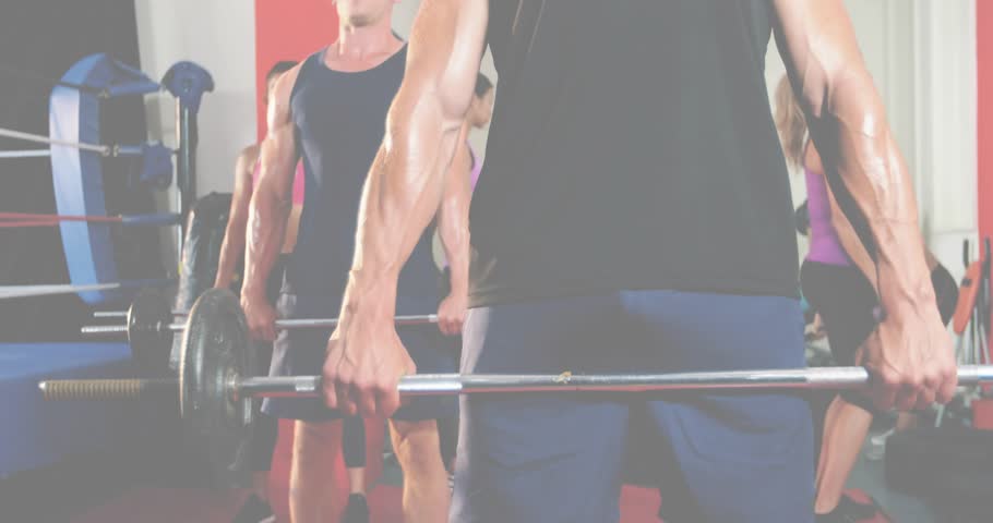 Front lifter gripping barbell and deadlifting, toning muscles while moving chat bubble over gym. Fitness, strength, workout, gym, training, athleticism, health