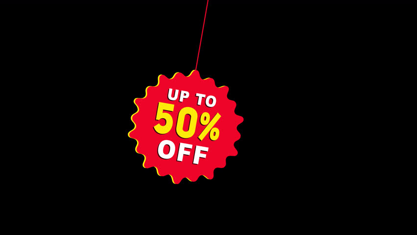 High-quality, eye-catching animation of a red jagged tag with "UP TO 50% OFF" text. Perfect for promotion, sales, or discount offers. Alpha channel - transparent background.