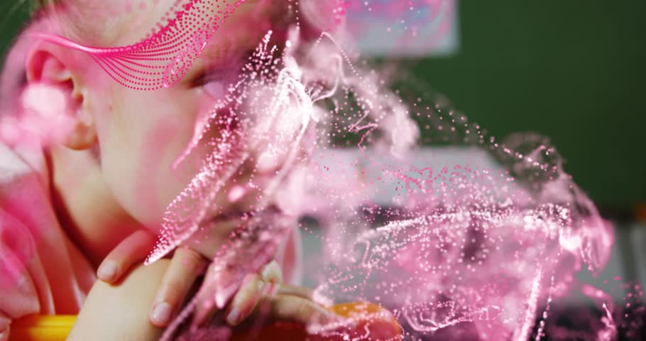 Kid on orange bar as pink particles appearing swirling receding over face revealing thought in tech. Fantasy, imagination, serenity, digital art, childhood, dreamscape, abstract