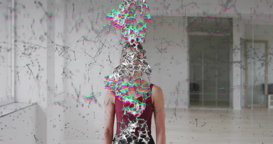 Woman displaying tech demo within gallery, materializing glitch network across red-leotard torso. Futuristic, digital, abstract, innovation, immersive, contemporary, dynamic