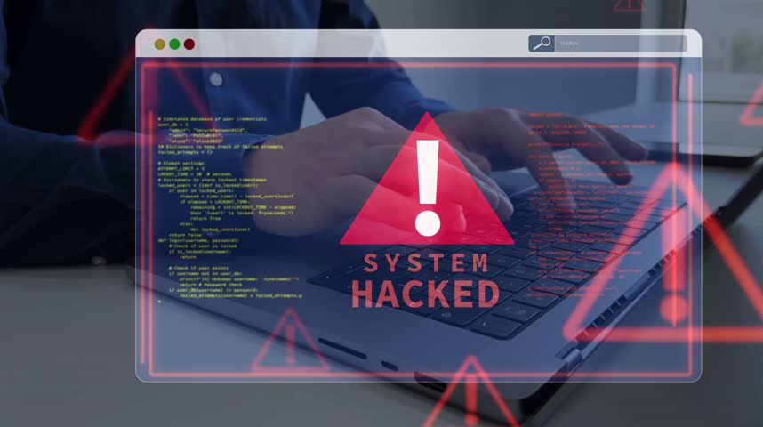 Cybersecurity breach concept with hacked system, malware attack, data theft and digital vulnerability. 