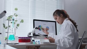 Female scientist in white lab coat carefully analyzing digital data on tablet, making detailed notes while surrounded by sophisticated scientific laboratory equipment and research instruments - Powered by Shutterstock - Get 15% off with code: PIKWIZARD15
