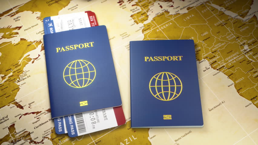 Travel or tourism concept. Old suitcase with open passport with visa stamps. 3d animation. 3D Illustration