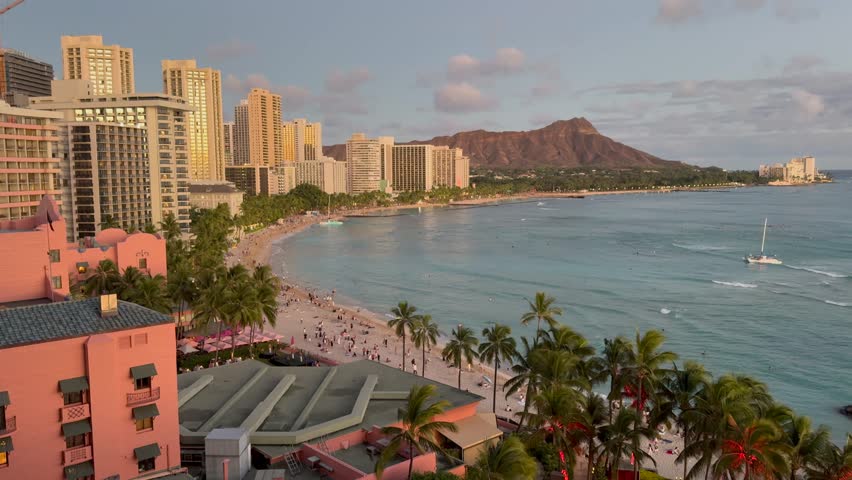 Scenic panoramic aerial Waikiki Beach and Diamond Head vista at sunset, Honolulu, Oahu, Hawaii