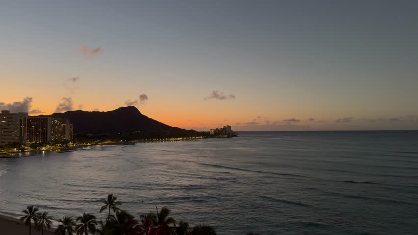 Scenic panoramic aerial Waikiki Beach and Diamond Head vista at sunrise, Honolulu, Oahu, Hawaii