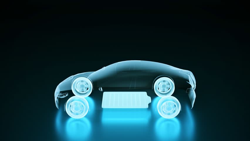 Electric Vehicle fully charging battery using DC fast charger, smart information EV power station status display, futuristic design hybrid car power level indicator UI interface 3d rendering