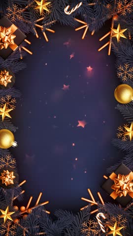 Vertical festive background featuring dark pine branches and gold decorations with spacious copy area and soft star particles. Great for stories, promos, invitations, and seasonal titles.