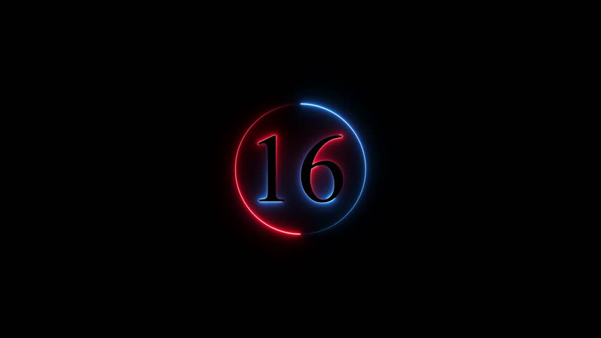 Number 16 neon sign style flashing. Abstract glowing neon text 16 number countdown icon animation on black background. Glowing neon number 16. Educational mathematics 16 animation circle .