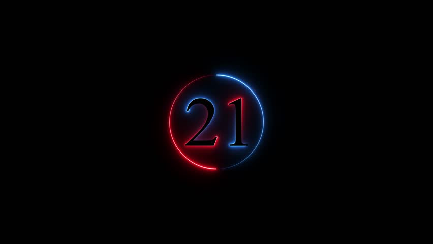 Number 21 neon sign style flashing. Abstract glowing neon text 21 number countdown icon animation on black background. Glowing neon number 21. Educational mathematics 21 animation circle .