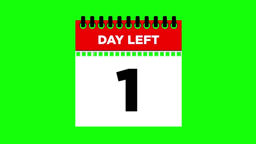 12 days left, calendar torn page flipping 2D animation, motion graphics running numbers counting days, 12 days to go, 4K HD video greenscreen chroma key.