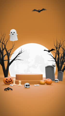 Halloween Orange Background with Pumpkins, Ghosts, Flying Bats, Spider, Jack-O’-Lanterns and Full Moon