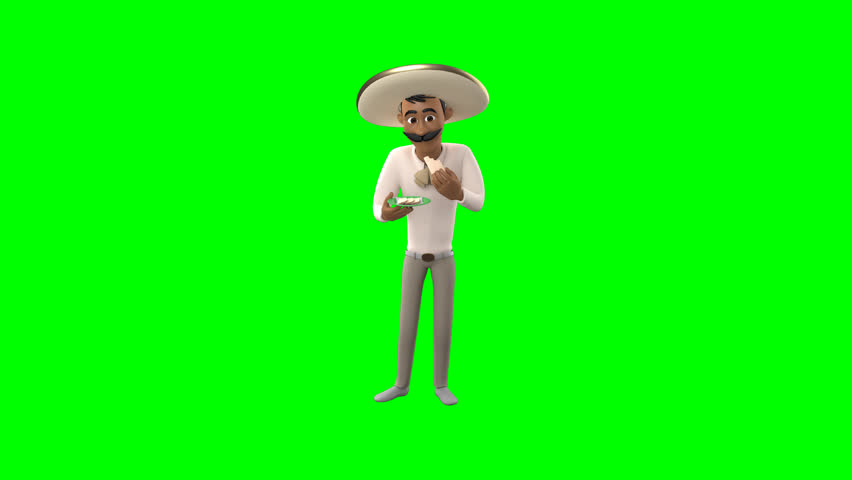 3D animation of Diego Sombrero character eating tacos on green screen, perfect for cultural, culinary, and marketing visual projects with editable background.
