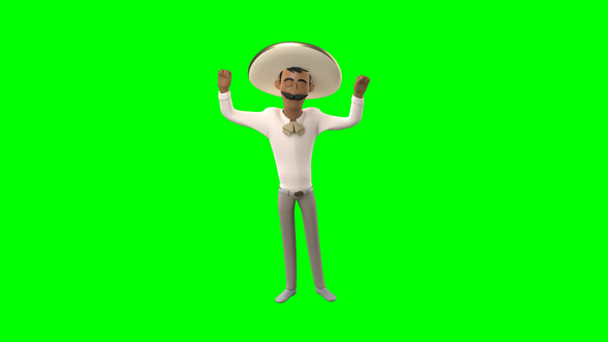3D animation of Diego Sombrero character showing happy expression on green screen, perfect for creative projects, marketing, VFX, and versatile digital content needs