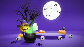 Halloween Purple Background with Jack-O’-Lanterns, Witch hat, Ghosts, Flying Bats, Spiders, Black Cat and Witch pot - Powered by Shutterstock - Get 15% off with code: PIKWIZARD15