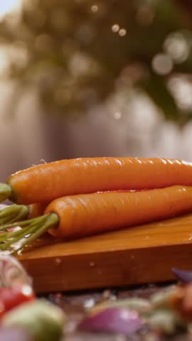 Ultra slow-motion shot of a skilled chef's hand cutting carrots into pieces with a sharp knife on wooden chopping board