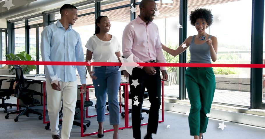 Team producing scissors for red ribbon cutting, celebrating office opening with animated fragments. Celebration, teamwork, achievement, modernity, professionalism, success, camaraderie