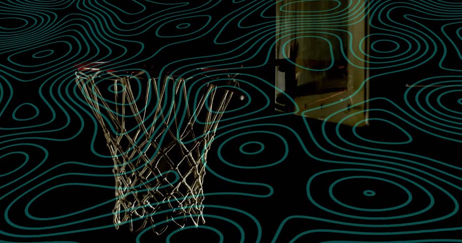 Neon contours pulsing and basketball rim rotating, spinning ball arcing through net causing swaying. Futuristic, kinetic, abstract, motion, technology, digital, dynamic