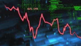 Starting red data line at 64 zigzagging across grid, green code flowing for showing live processing. Data visualization, digital analytics, futuristic interface, data trends, cyber technology - Powered by Shutterstock - Get 15% off with code: PIKWIZARD15