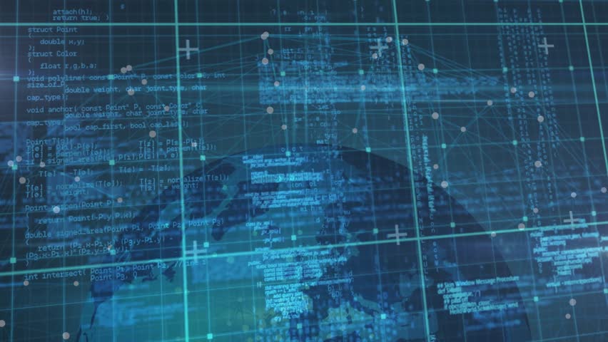 Dark blue grid starting while 3D globe emerging and rotating with code scrolling for data analytics. Technology, data visualization, digital interface, futuristic, cyber, network, visualization - Powered by Shutterstock - Get 15% off with code: PIKWIZARD15