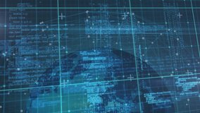 Dark blue grid starting while 3D globe emerging and rotating with code scrolling for data analytics. Technology, data visualization, digital interface, futuristic, cyber, network, visualization - Powered by Shutterstock - Get 15% off with code: PIKWIZARD15